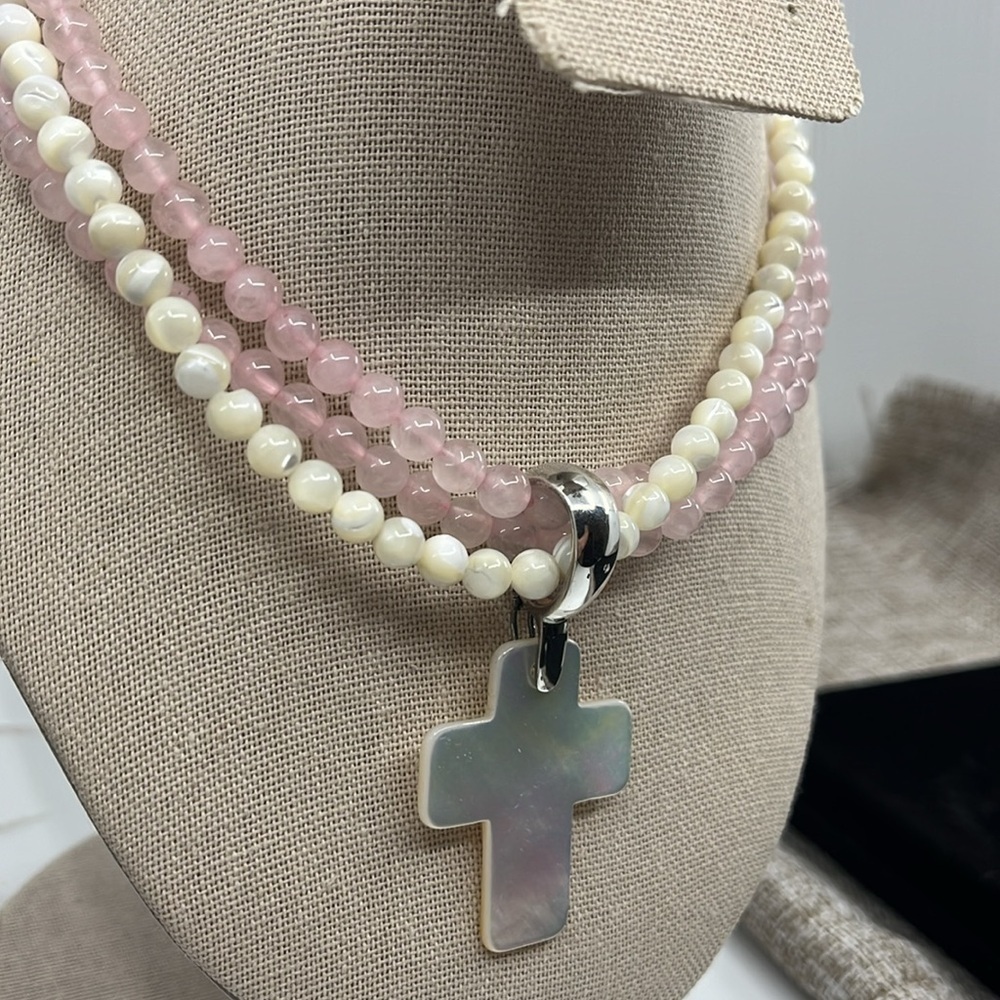 Vintage Rose Quartz Pearl Necklace Set - Mother-of-Pearl Cross Pendant - Picture 4 of 16